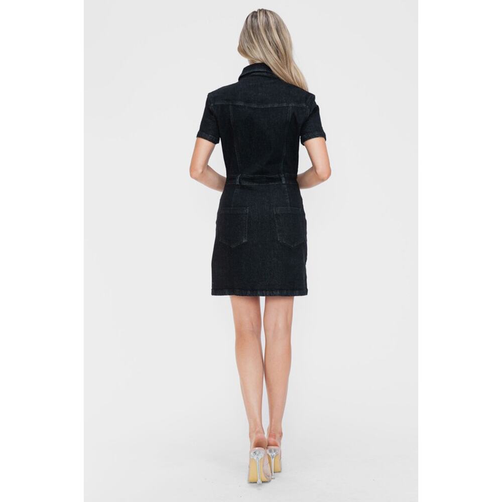 BYTOS Black Denim Fringe Embellished Button Down Short Sleeve Jean Dress NEW - Picture 2 of 5